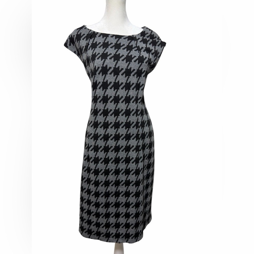 Elementz Woman Houndstooth Sheath Dress Plus 1X Gray Black Cap Sleeve USA made