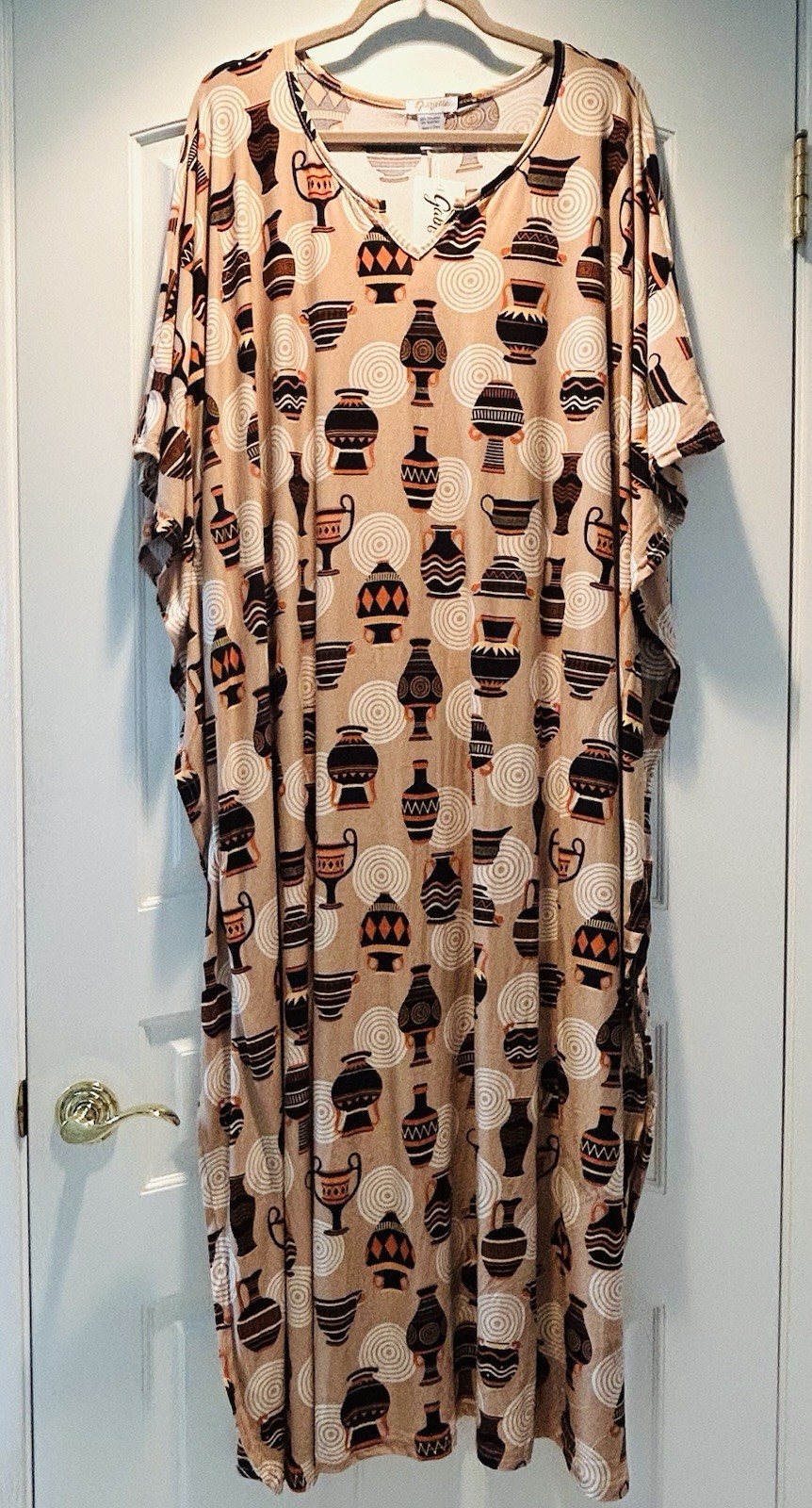 1X/2X/3X New Beige Black White Print Kaftan Knit Beach Cover Dress Nightgown