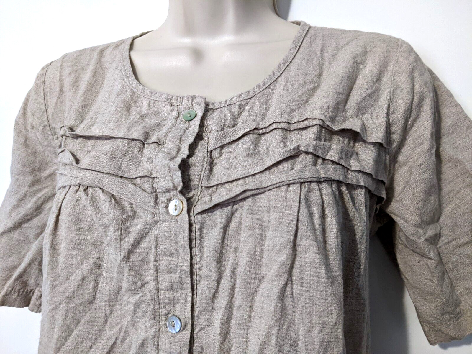 Eco Romantic Women’s Button Front Dress Flax Color Short Sleeve 100% Cotton EUC