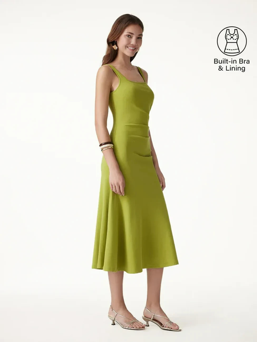 OGL Square Neck Tucked Open Back Bra Dress, Deep Chartreuse Green – Freeship