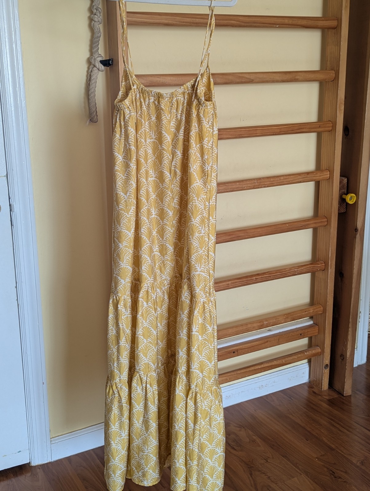 H&M Yellow White Patterned Tie Strap Maxi Dress Tiered Summer Sun Dress Size XS
