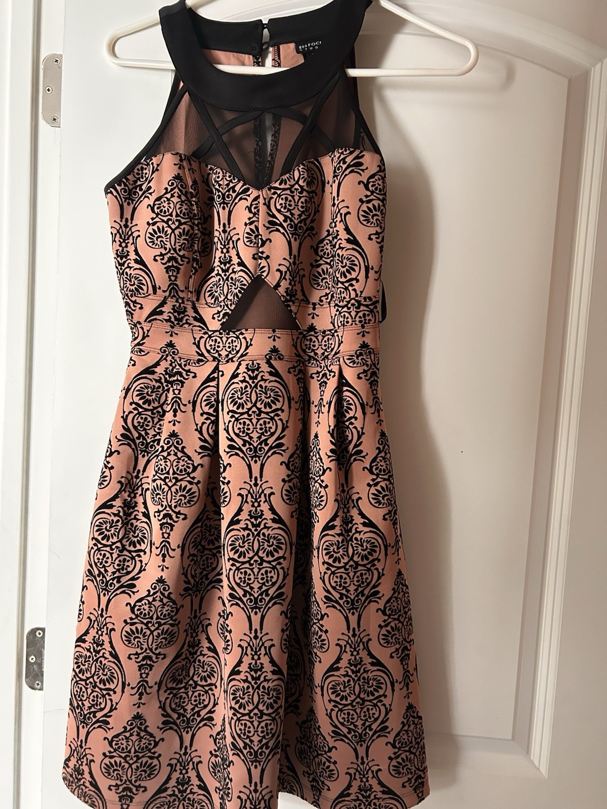 Trixxi Juniors Size 3 Pink/Black Damask Fit & Flare High Neck Mesh Dress