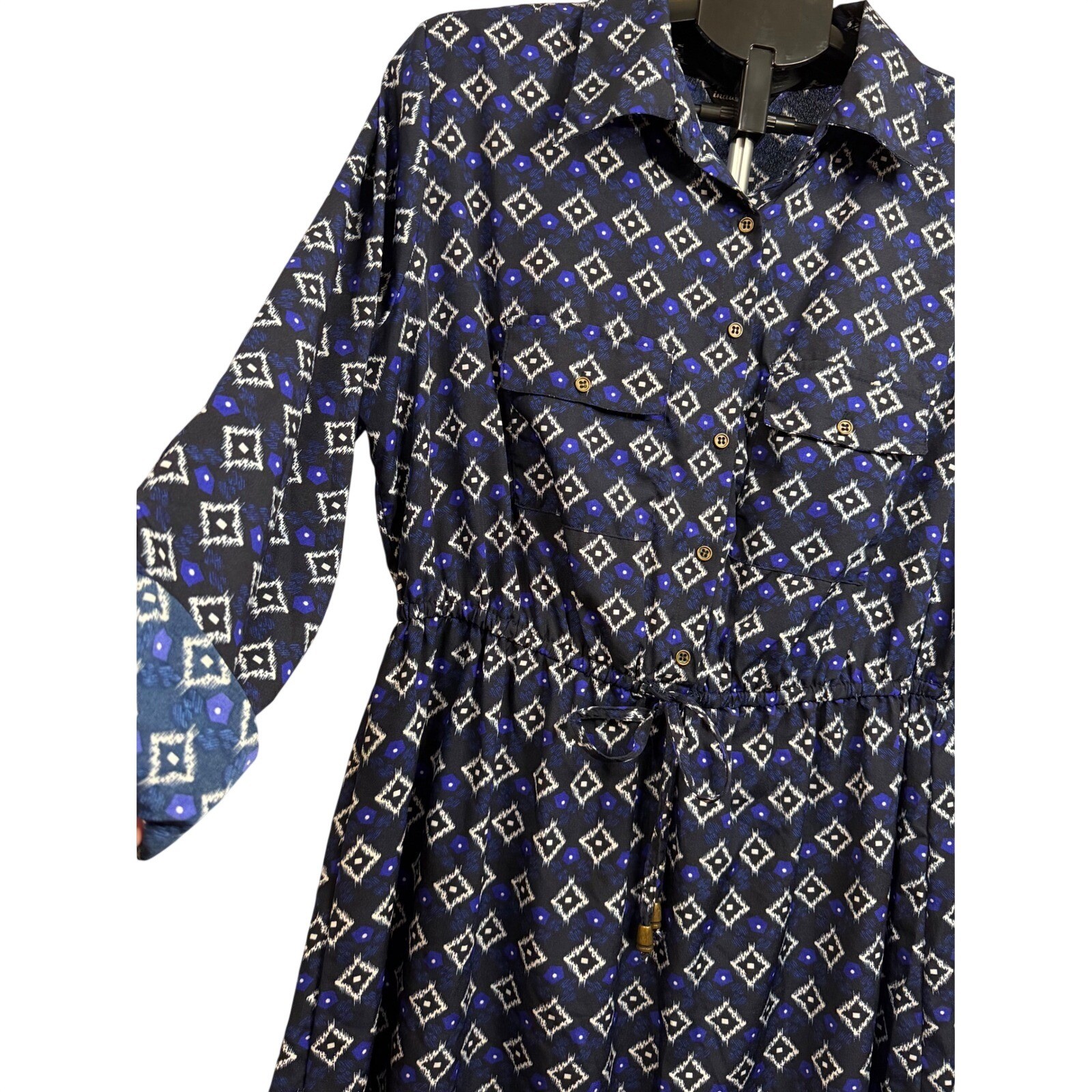 Indulge in Style Wms 1X Blue Ikat Print Button Front Shirt Dress Roll Tab Sleeve