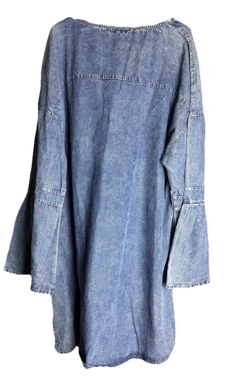 Ursime Denim 4XL Indigo Blue Bell Sleeve Retro Tunic Chambray Acid Wash Dress