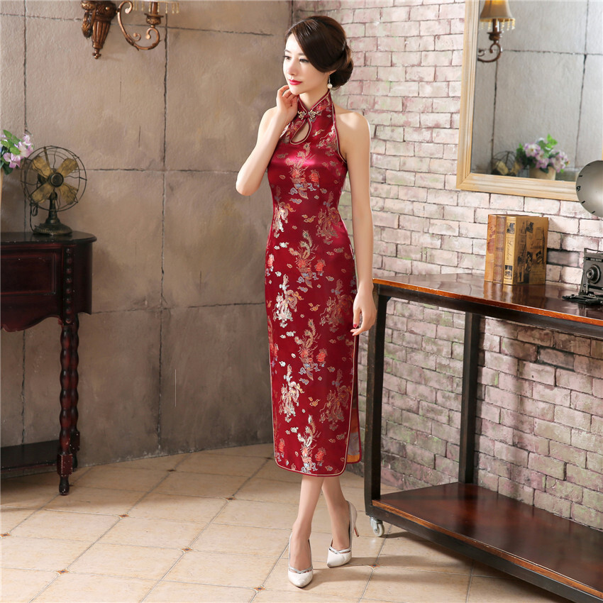 Women Sexy Backless Qipao Dress Chinese Summer Silk Satin Cheongsam Prom Gowns