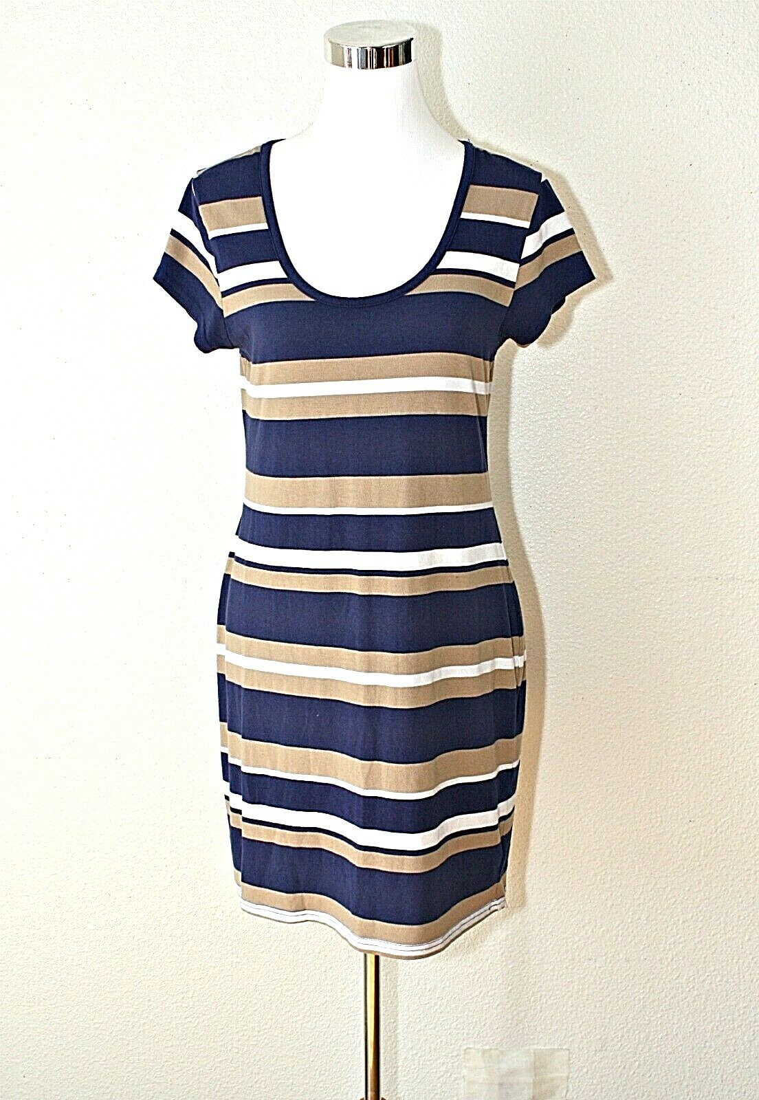I AM IN LOVE WITH DEREK Knit Dress Sz. XL Blue Beige White Stripes SS Casual #02