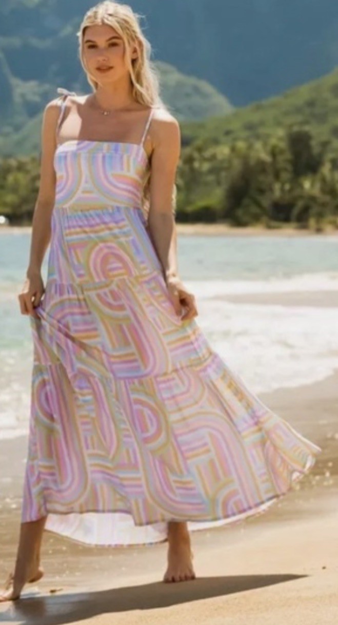 NWT Kenny Flowers The North Shore Resort Tie Strap Tiered PASTEL Maxi Dress XS