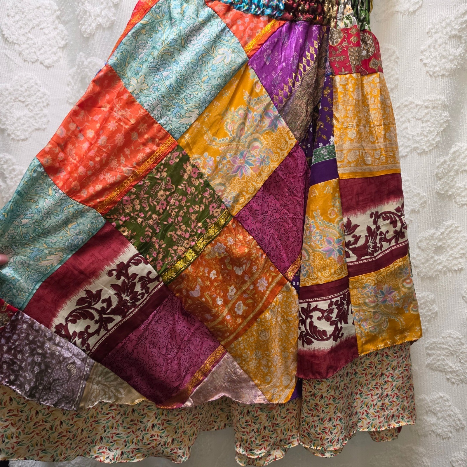 Boho Patchwork Strapless Smocked Midi Dress Multi Color Silk Blend Floral Skirt