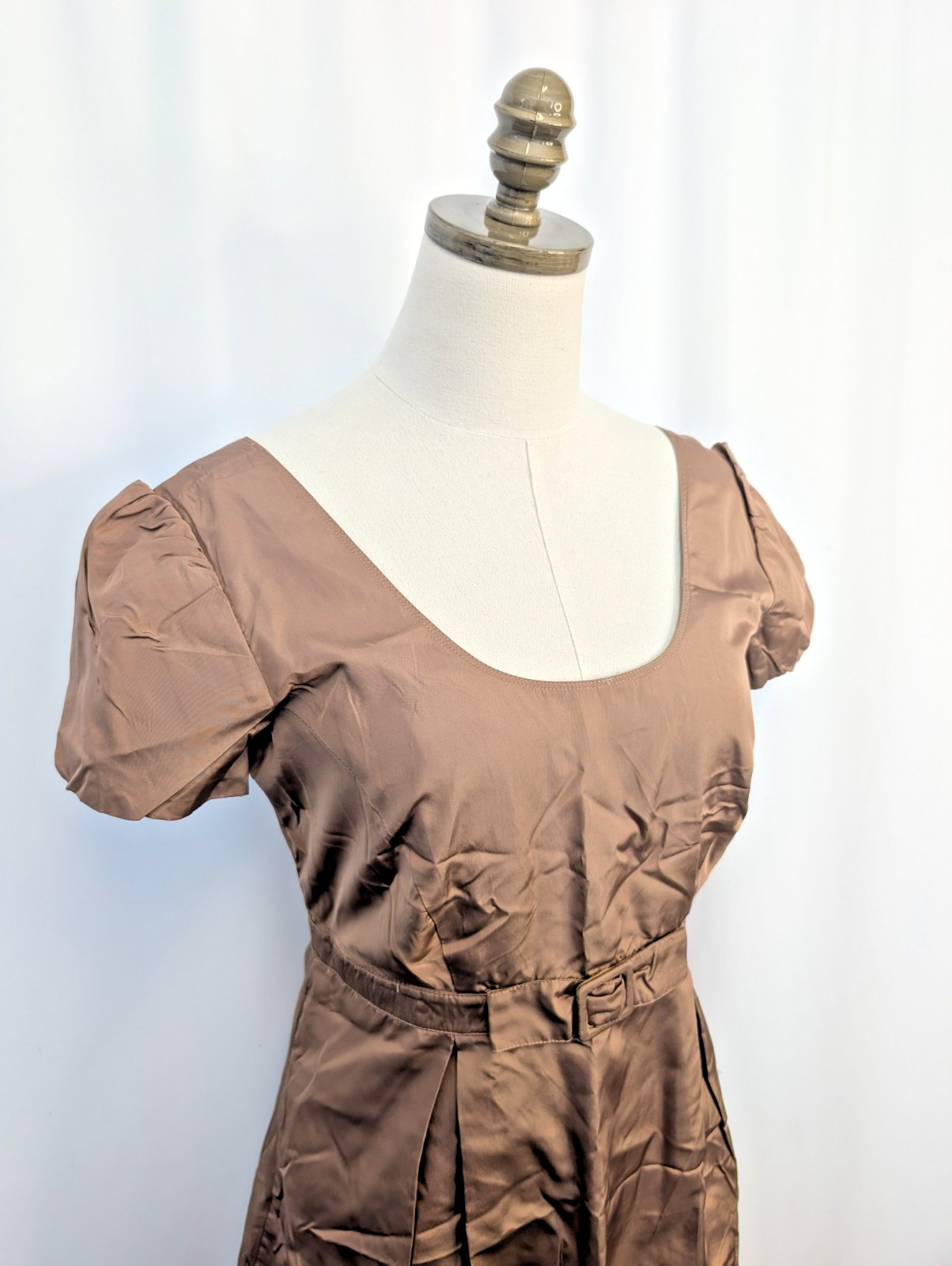 Burberry Silk Faille Puff Sleeve Shift Empire Bust Dress Tan Sz 44
