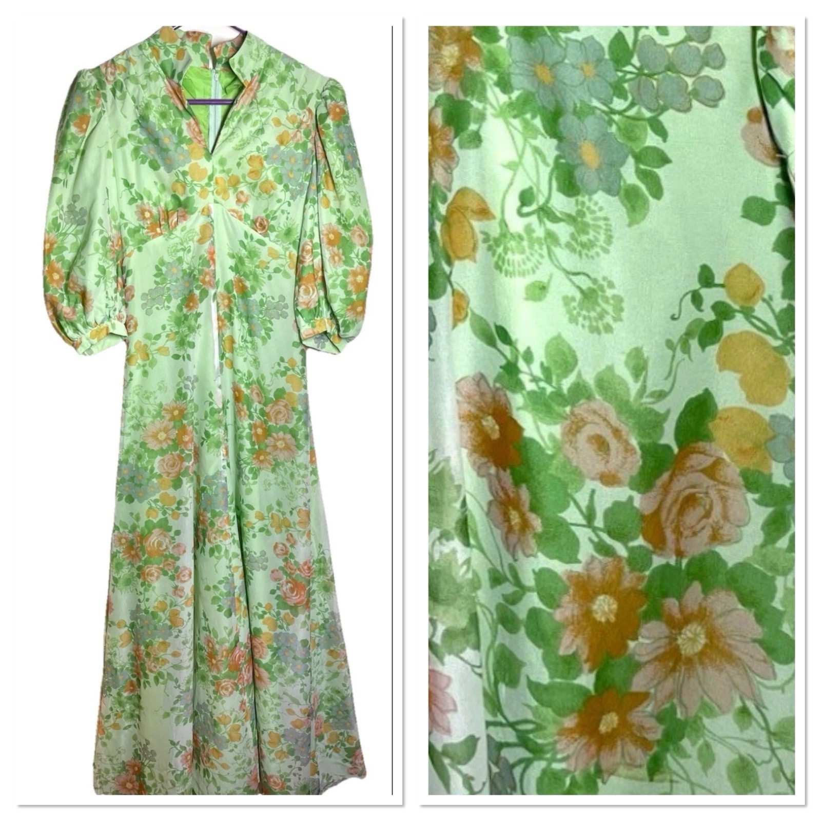 Vintage 1970s Green Floral Long Chiffon Maxi Dress Gown Size Small Fairy Hippie