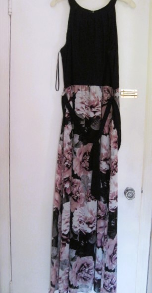 SLNY-Womens Fashion Dress Size 12 XL 81″-Sheer Floral Sleeveless Open Back Lined