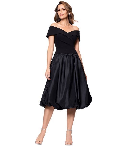 Xscape Black Mixed-Media Bubble-Hem Fit & Flare Dress Size 14 $279