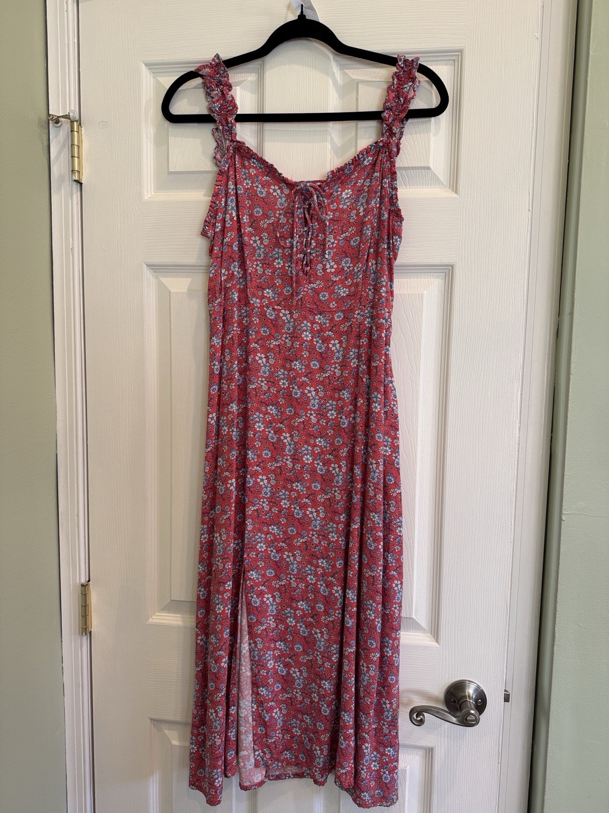 Japna Red White Blue Floral Smocked Midi Sundress Square Neck Ruffle Straps L