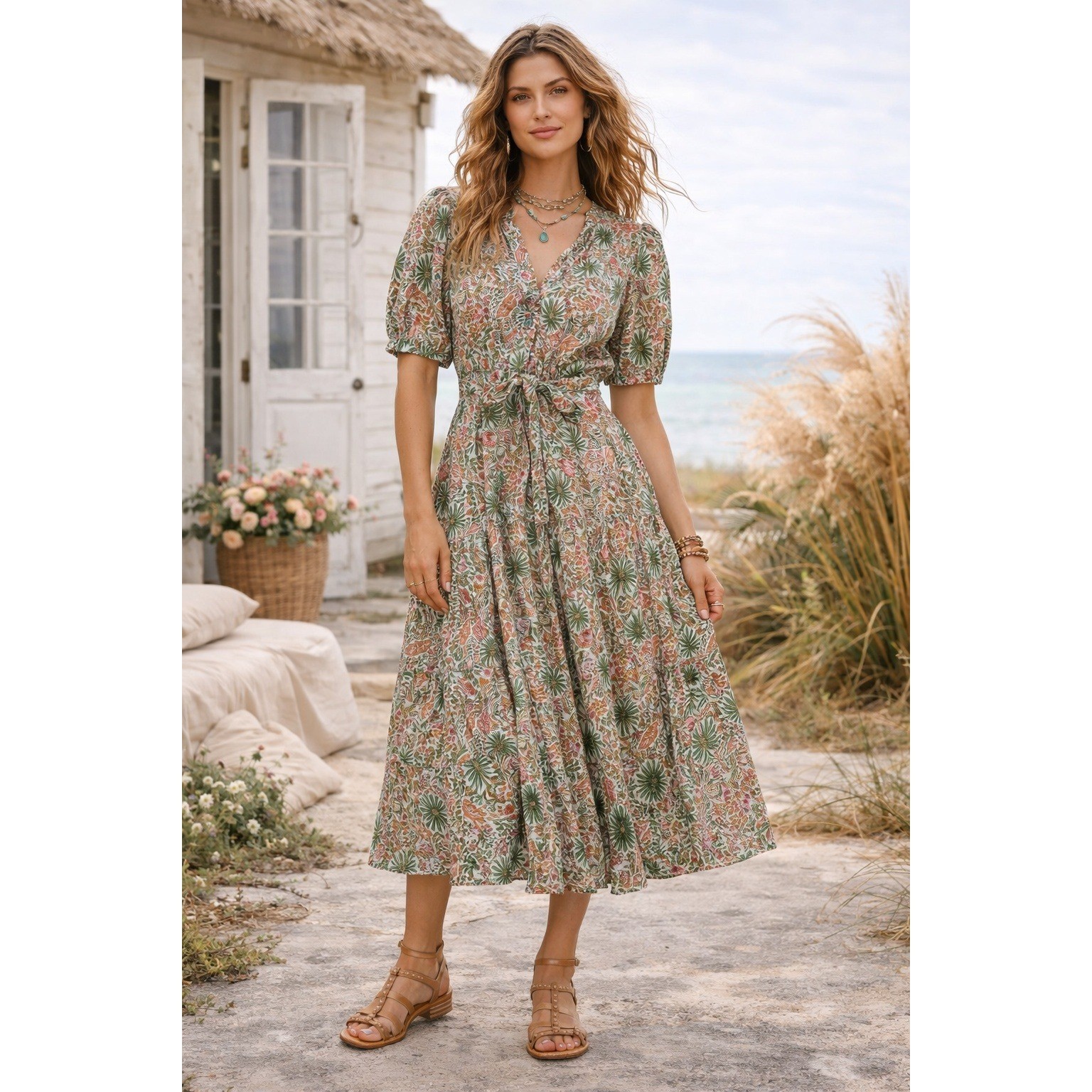 Lola Australia Palm Print Midi Dress XS Blue Floral Puff Sleeve Boho Cottage