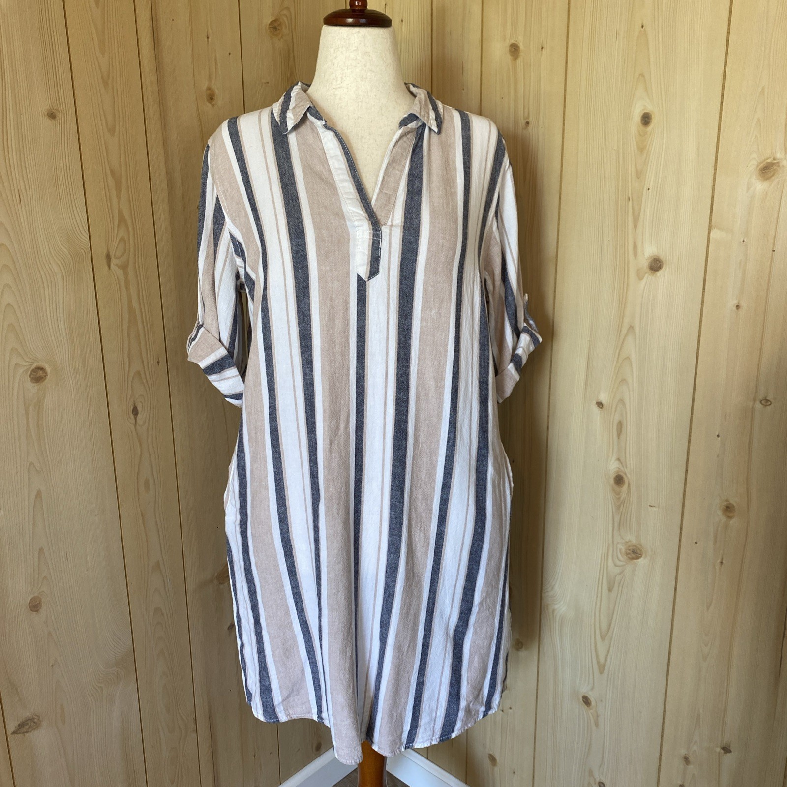 Est. 1946 Linen Blend Shirt Dress. Striped. Roll Tab Sleeves. Relaxed. Large