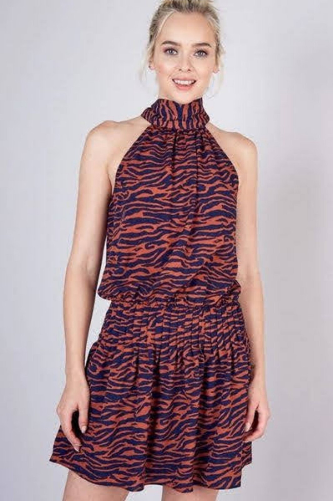 NWT, Medium, Gameday Dress. Orange & Navy Tiger Stripe Halter Style