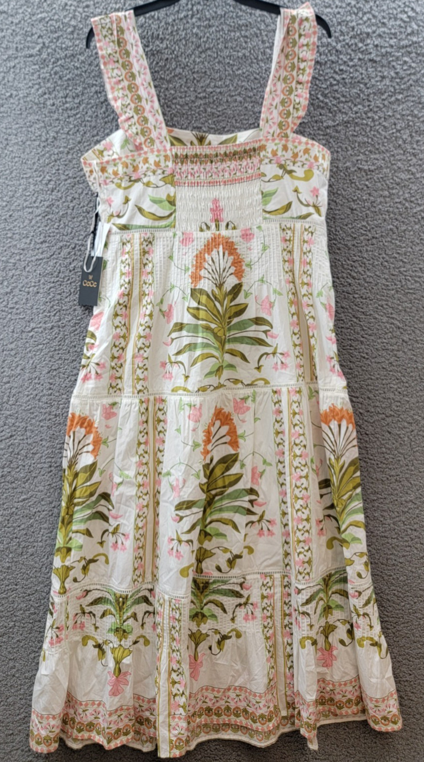 CeCe Print Pintuck Sleeveless Lined Midi Dress Women’s 14 New Ivory Pullover