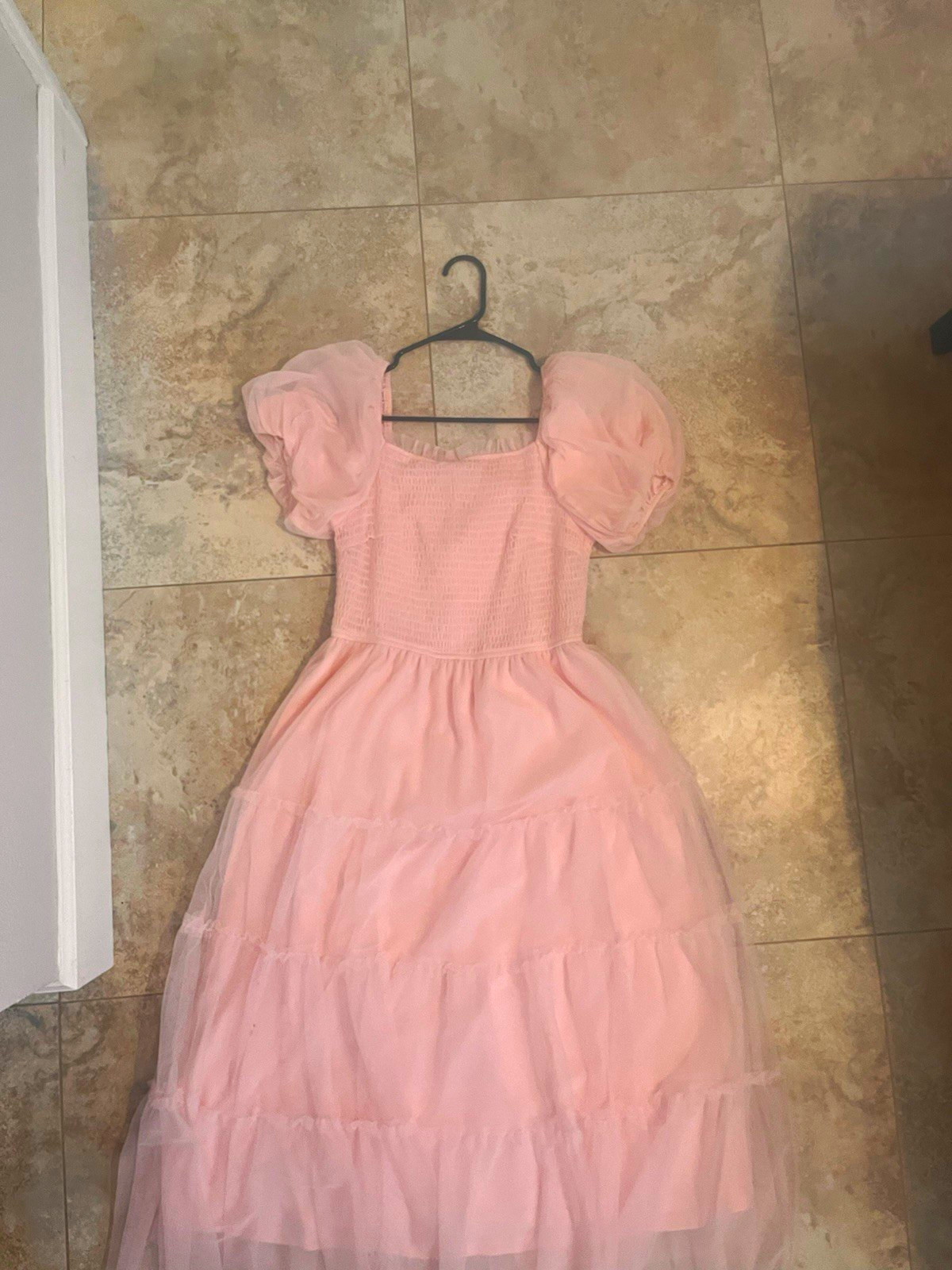 PrettyGarden Pink Solid Square Neck Puff Sleeve Smocked Tulle Maxi Dress M