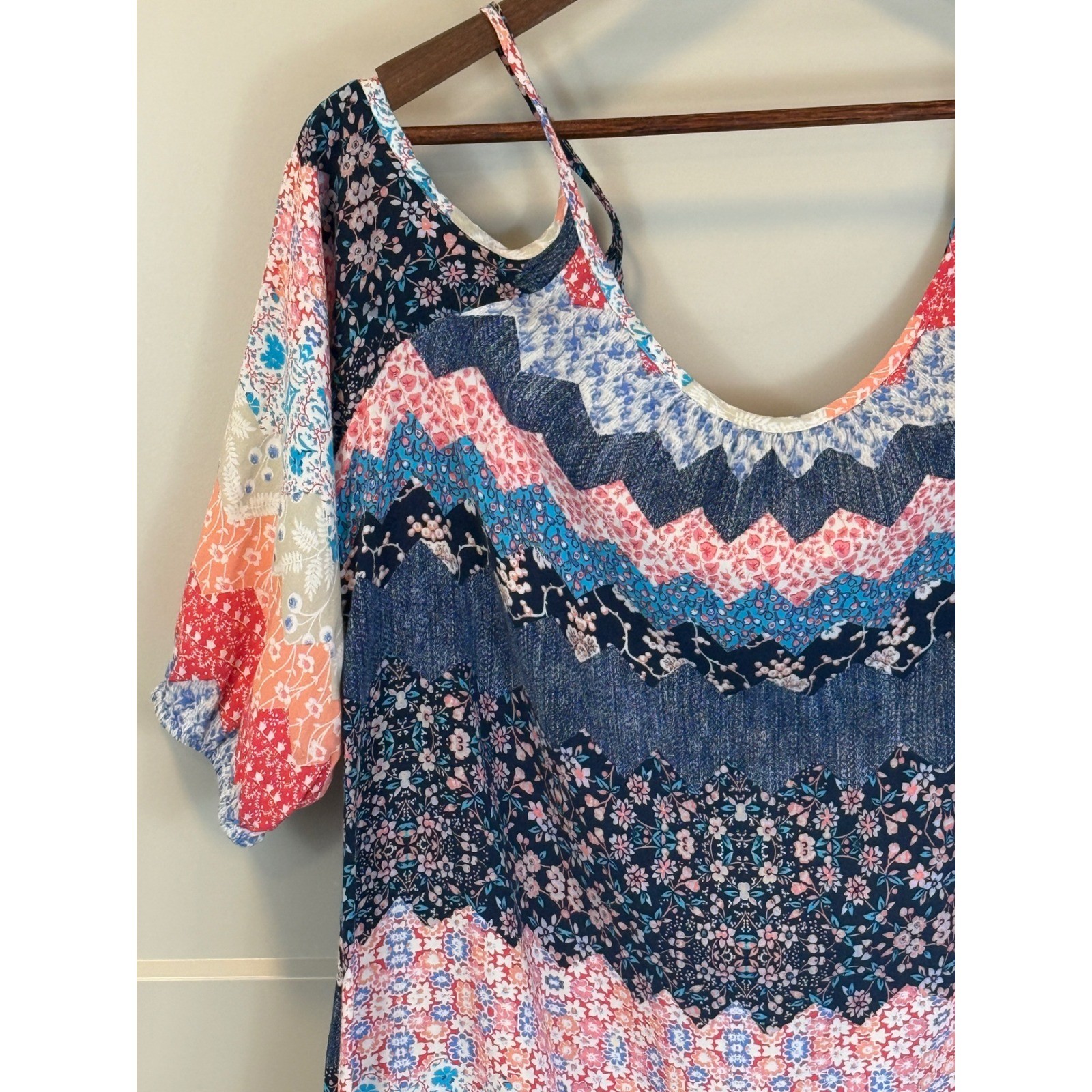 Espresso Chevron Floral Patchwork Cold Shoulder Slip Dress Size XL Grandmacore