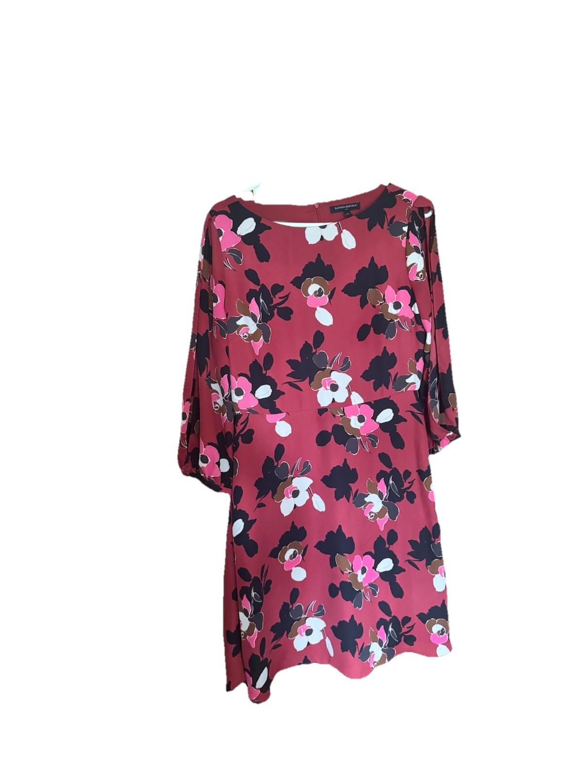 Banana Republic Red, Black And White Floral Round Neck Split Sleeve Dress Size 8
