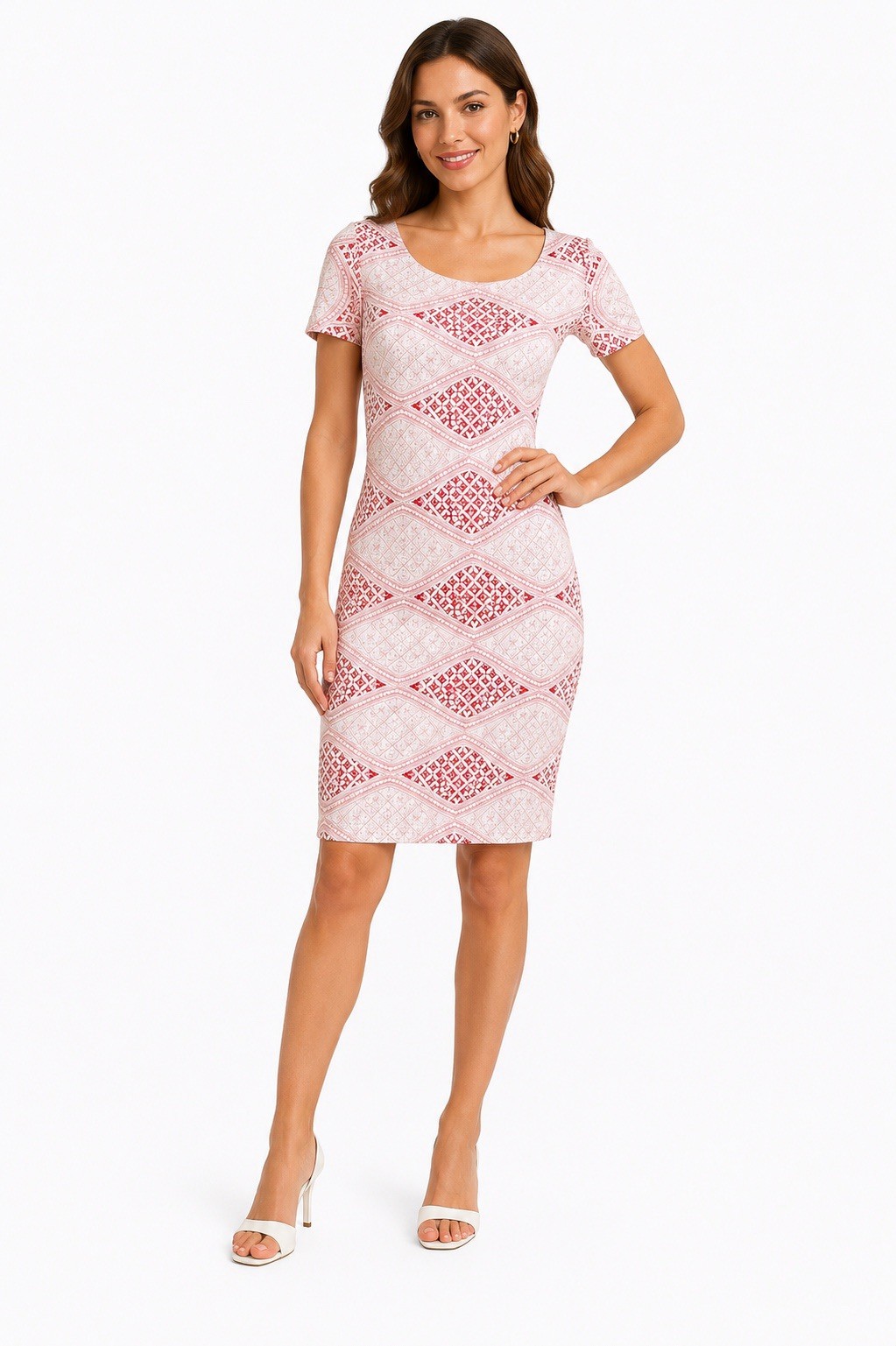 Nadya Toto Textured Knit Sheath Dress Pink White Geometric Made Canada S