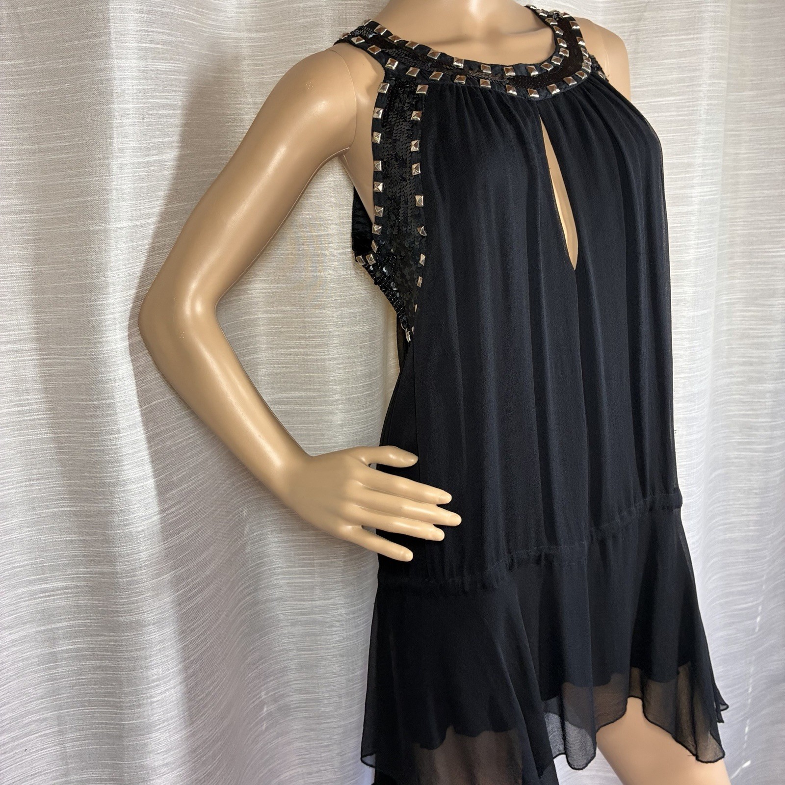 Hannah Jo Silk Mini Dress Size M Black Studded Sequin Embellished Keyhole Grunge