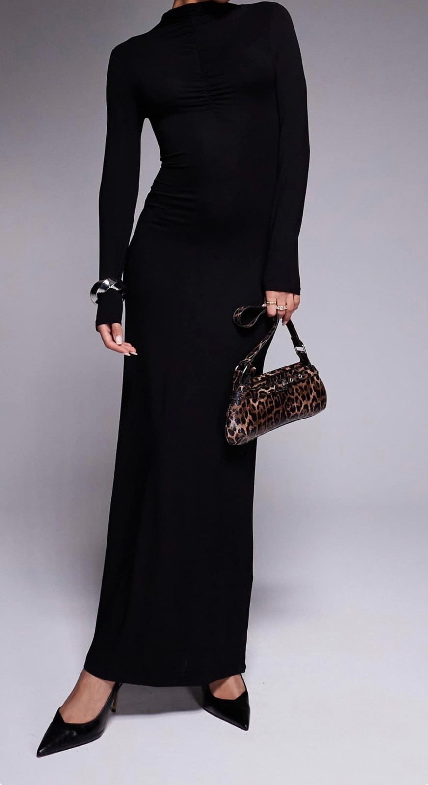 ASOS DESIGN High Neck Long Sleeve with Ruching Maxi Dress in Black Size Large