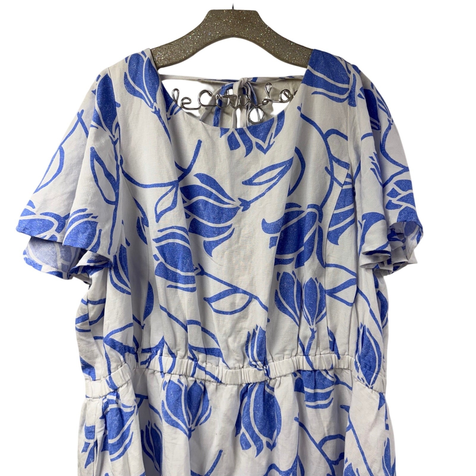 Lane Bryant Floral Dress 22 Ruffle Sleeve Tie Back Blue White Linen Blend