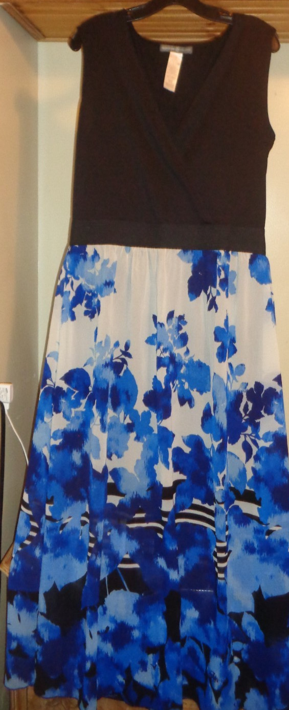 SIGNATURE COLLECTIONS BLACK/BLUE FLORAL JERSEY/ CHIFFON MAXI DRESS NEW SZ L