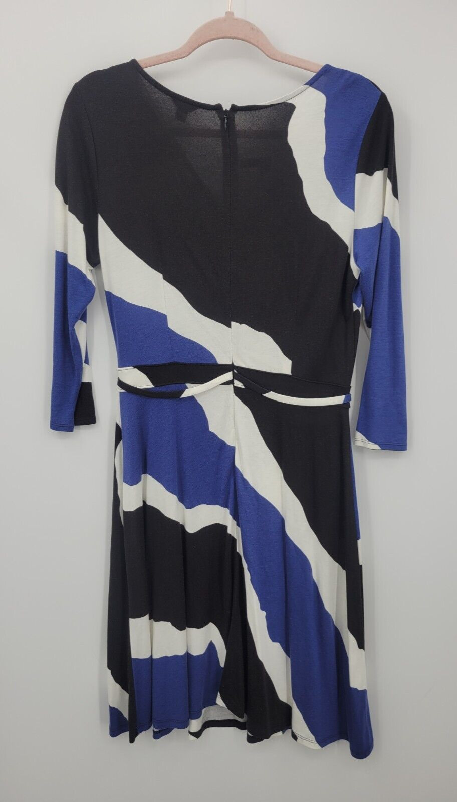 Ann Taylor Dress Womens 6 Blue White Black Abstract Long Sleeve Stretch Career