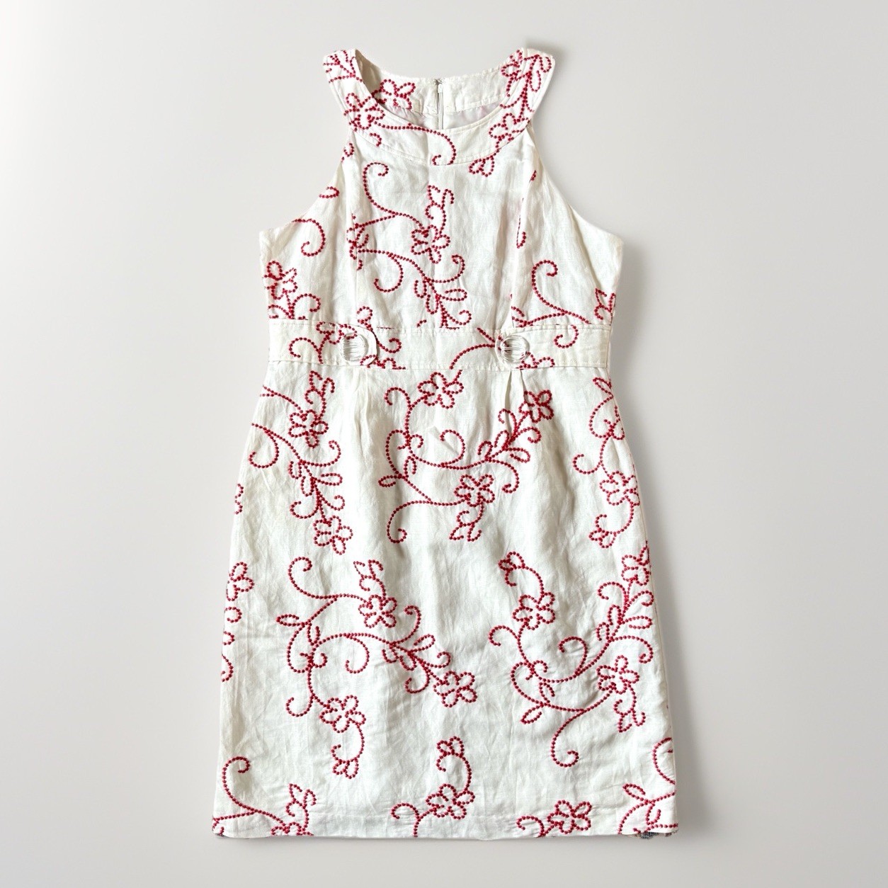 Willow Glenn Linen Blend Shift Dress 14 L/XL Red White Resortwear Coastal Midi