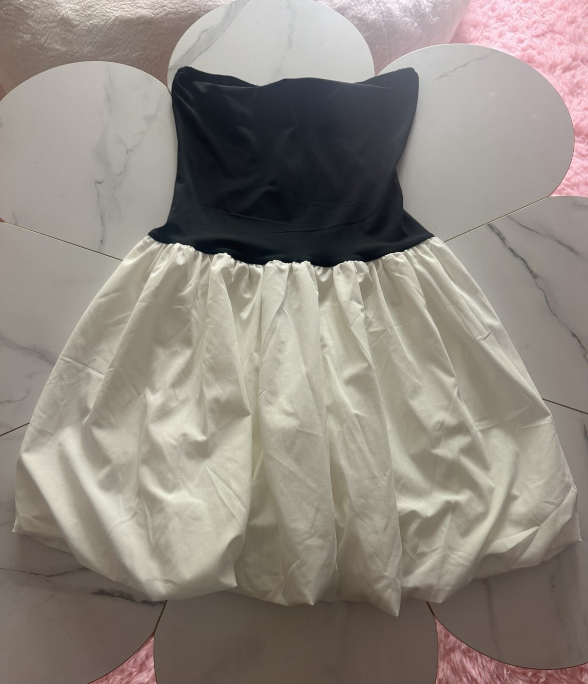 Black White Colorblock Bubble Hem Mini Dress Strapless Pleated Zip S