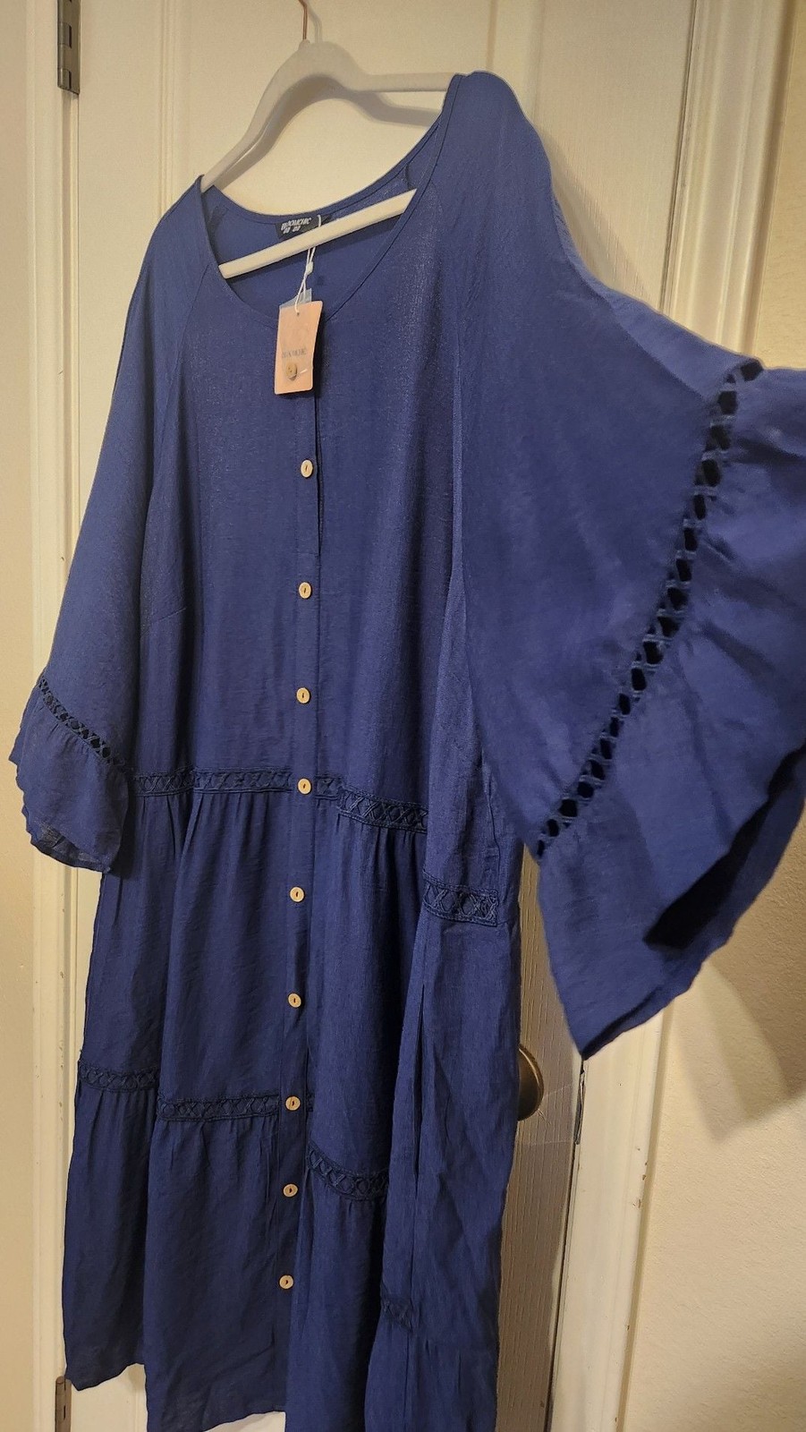 Bloomchic Navy Blue Tiered Button-Front Midi Dress with Eyelet Detail