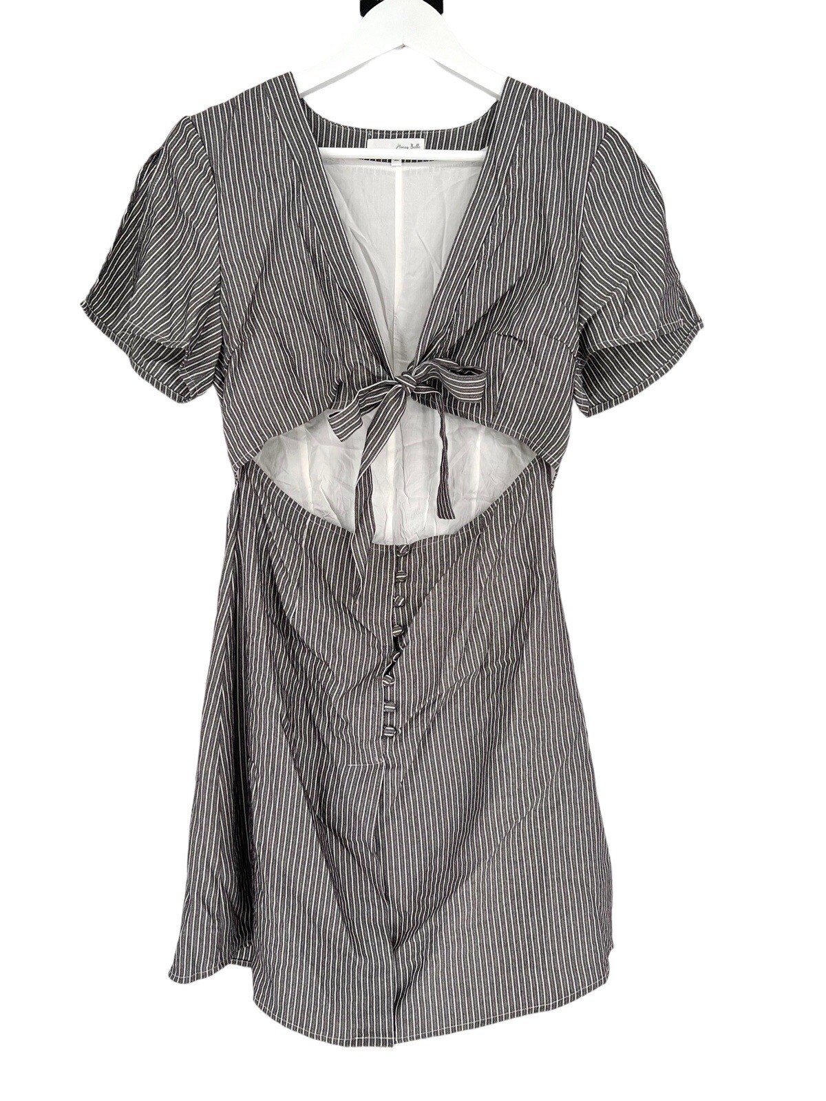 Honey Belle Tie Front Dress Size M Gray White Striped S/S Split Sleeve V-Neck