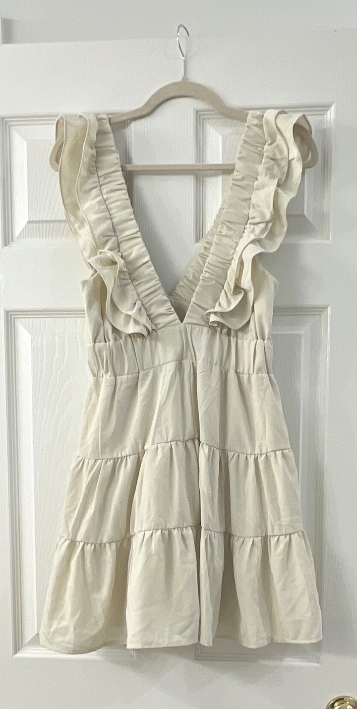 Small White Solid Ruffle Strap Tiered V-Neck Mini Dress Sleeveless & is lined.