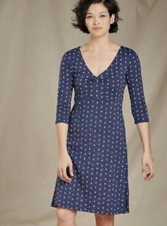 Toad & Co Rosalinda Dress-Blue/White Geo V Pattern-Size Large-Organic Cotton
