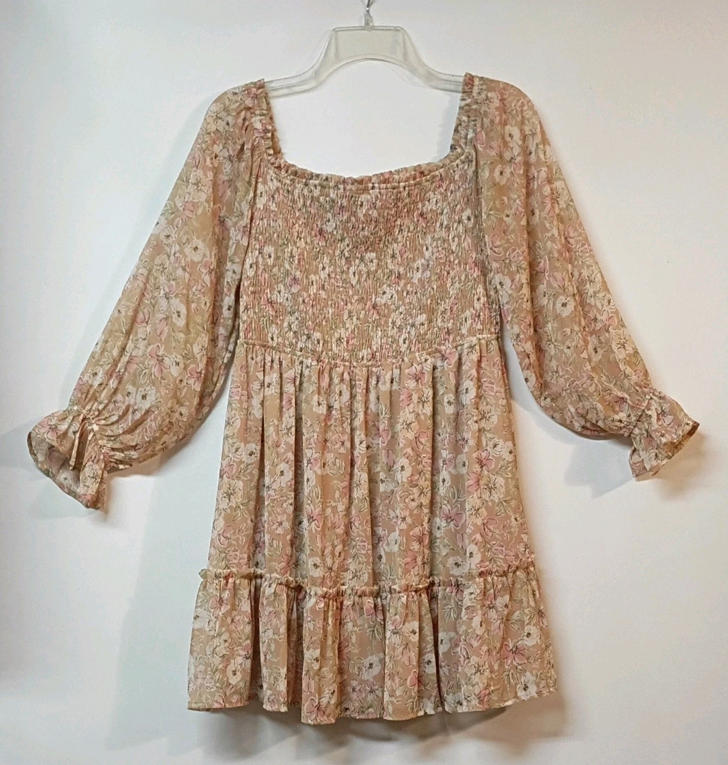 Promesa Floral Mini Dress Women M Sand Beige Ruffle Smocked Bodice Cottagecore