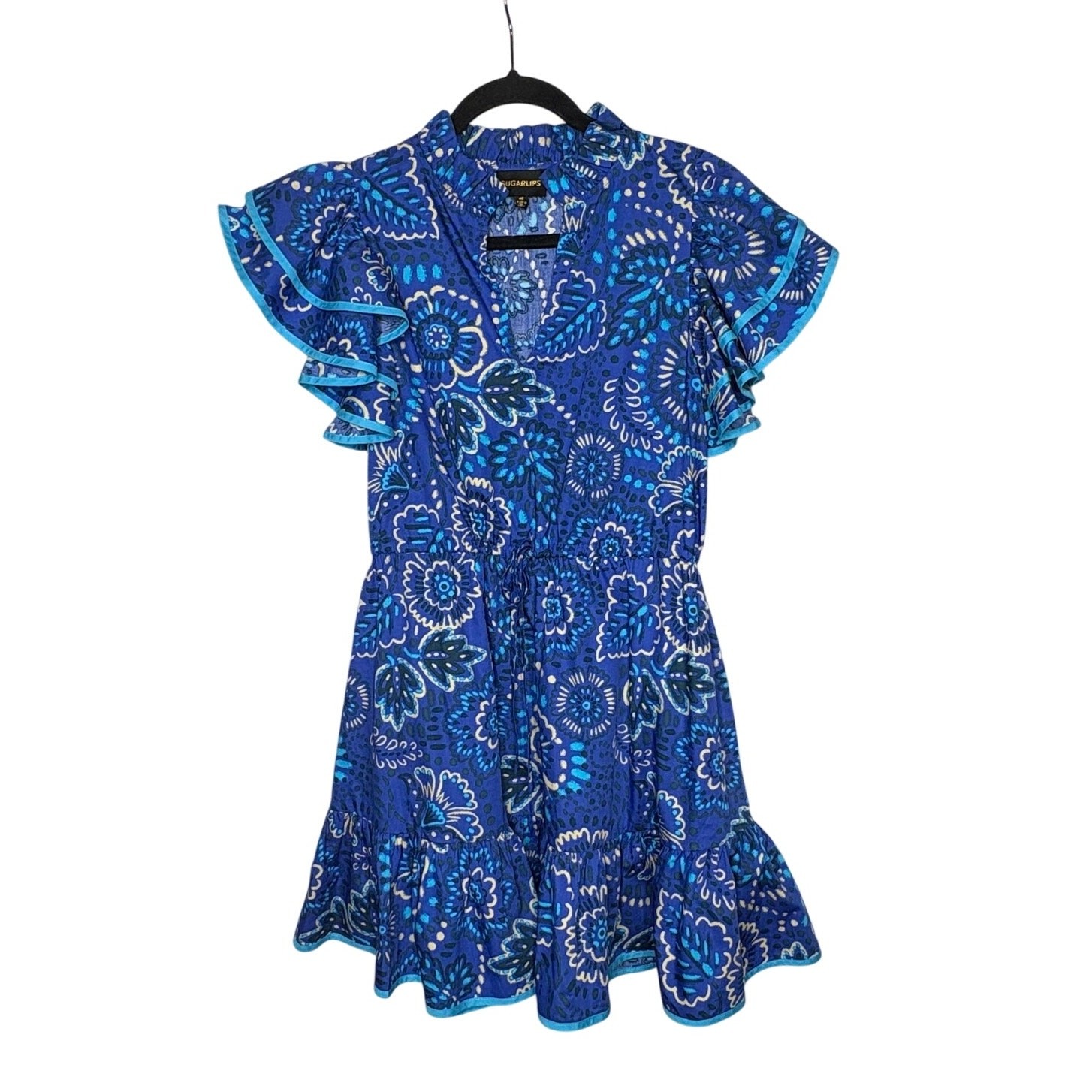 Sugar Lips Kenner Floral Alina Ruffle Shift Blue & White Cotton Mini Dress XS
