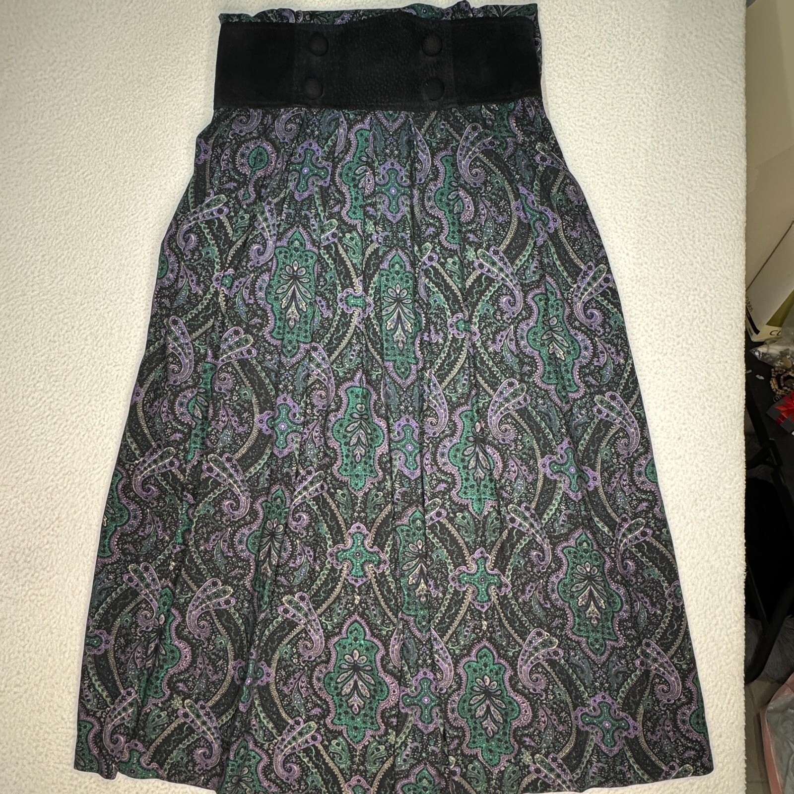 Vintage Karin Stevens Purple Green Paisley Long Sleeve Midi Dress