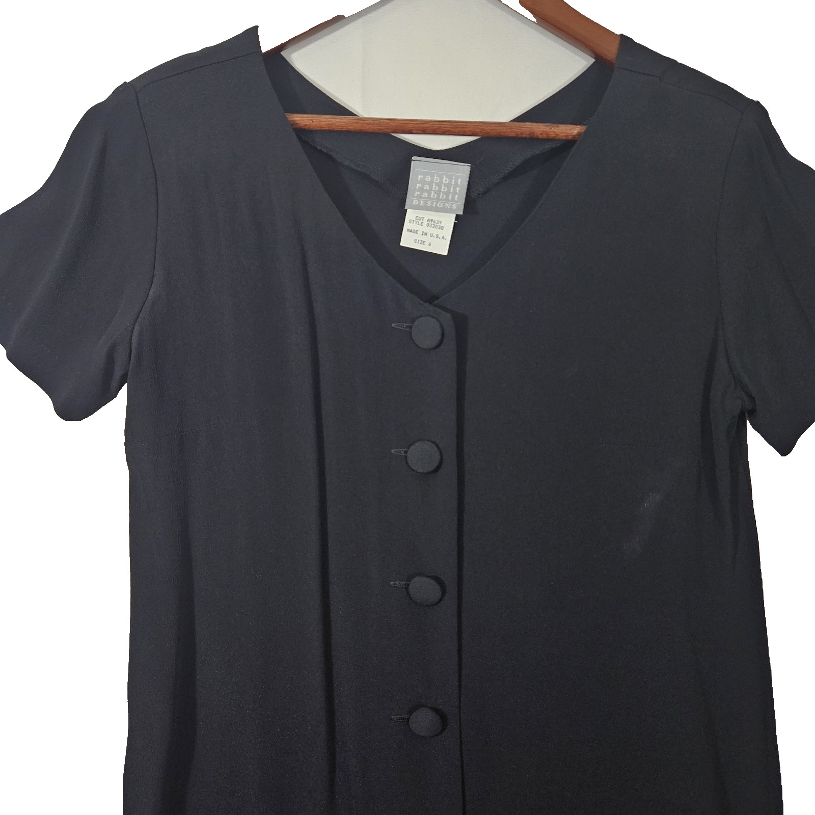 Rabbit Design Size 6 Little Black Dress Covered Buttons Down Front Crepe Vtg USA