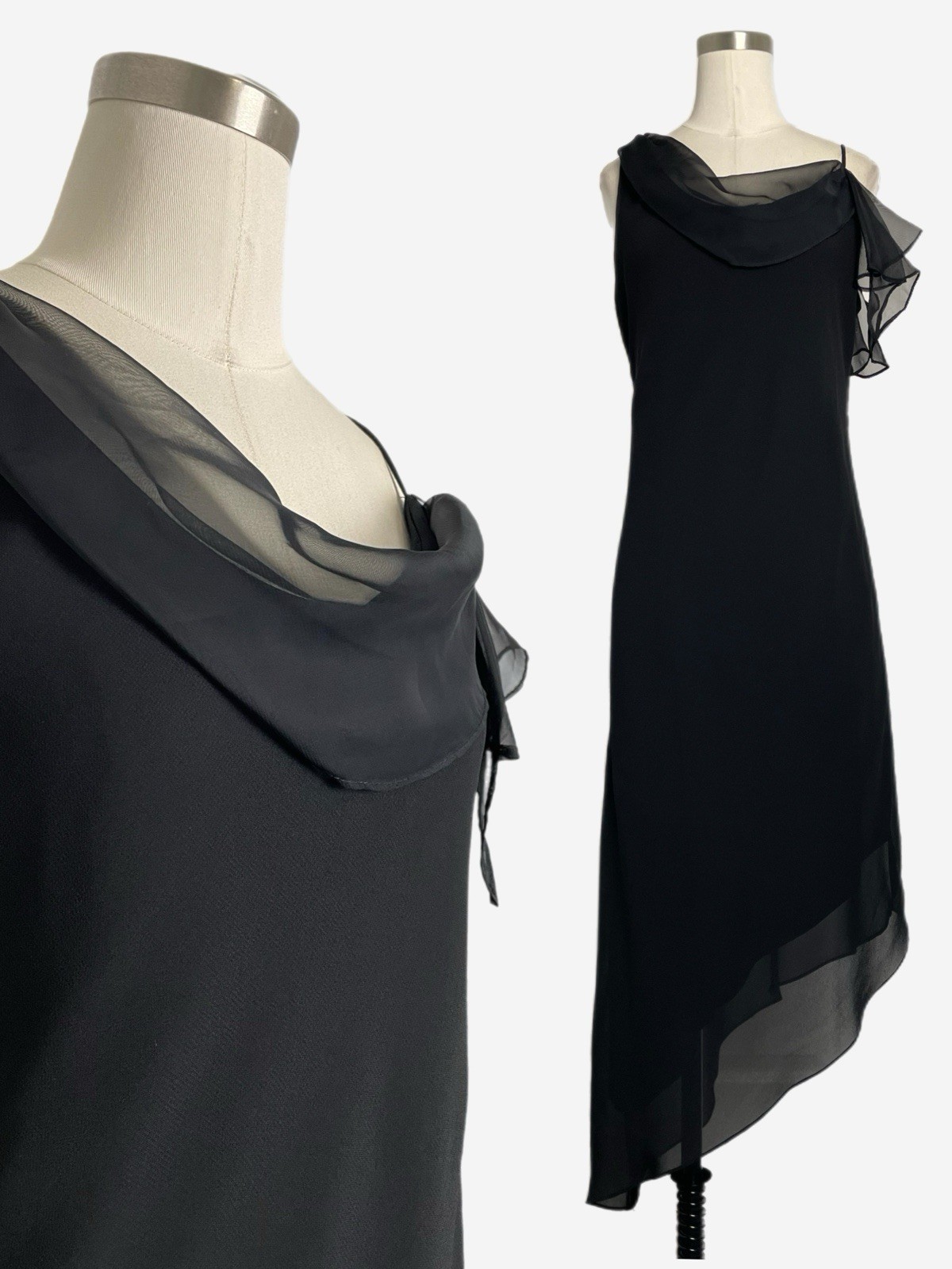 Vintage 90s Another Thyme Black chiffon asymmetric cowl neck midi dress S/M