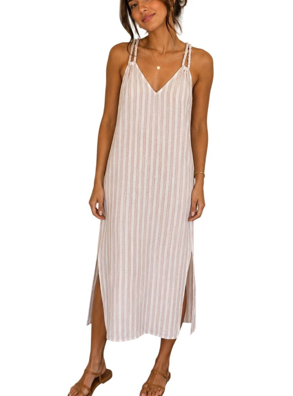 Rachel Ashwell Striped Bathing Suit Cover-up Midi Dress Linen Braided Straps L