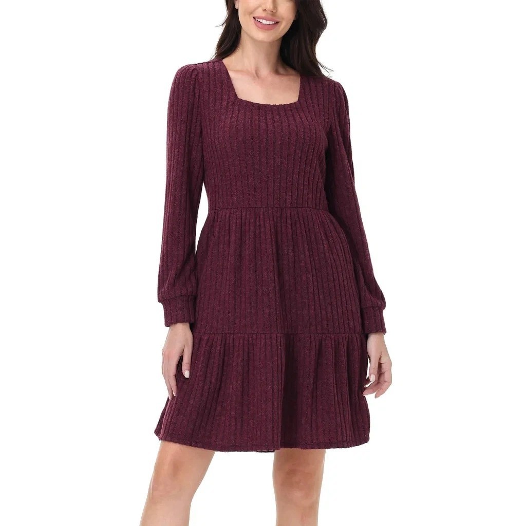 NWT FRYE Women’s XS Ribbed Burgundy Long Sleeve Tiered Sweater Dress J1964