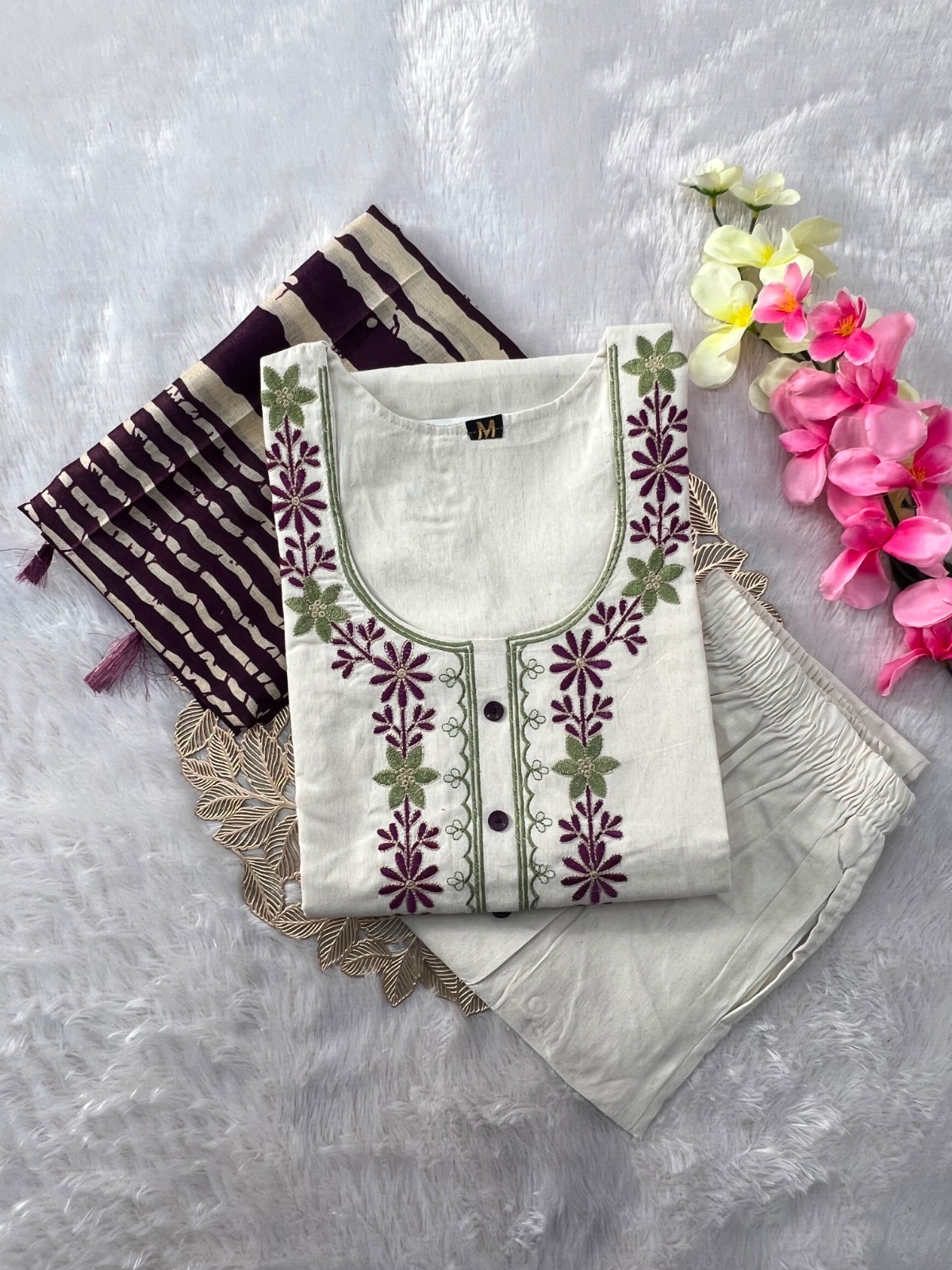 Khadi Cotton Beautiful Kurti Set Dress Women Designer Kurta Pant Dupatta Set