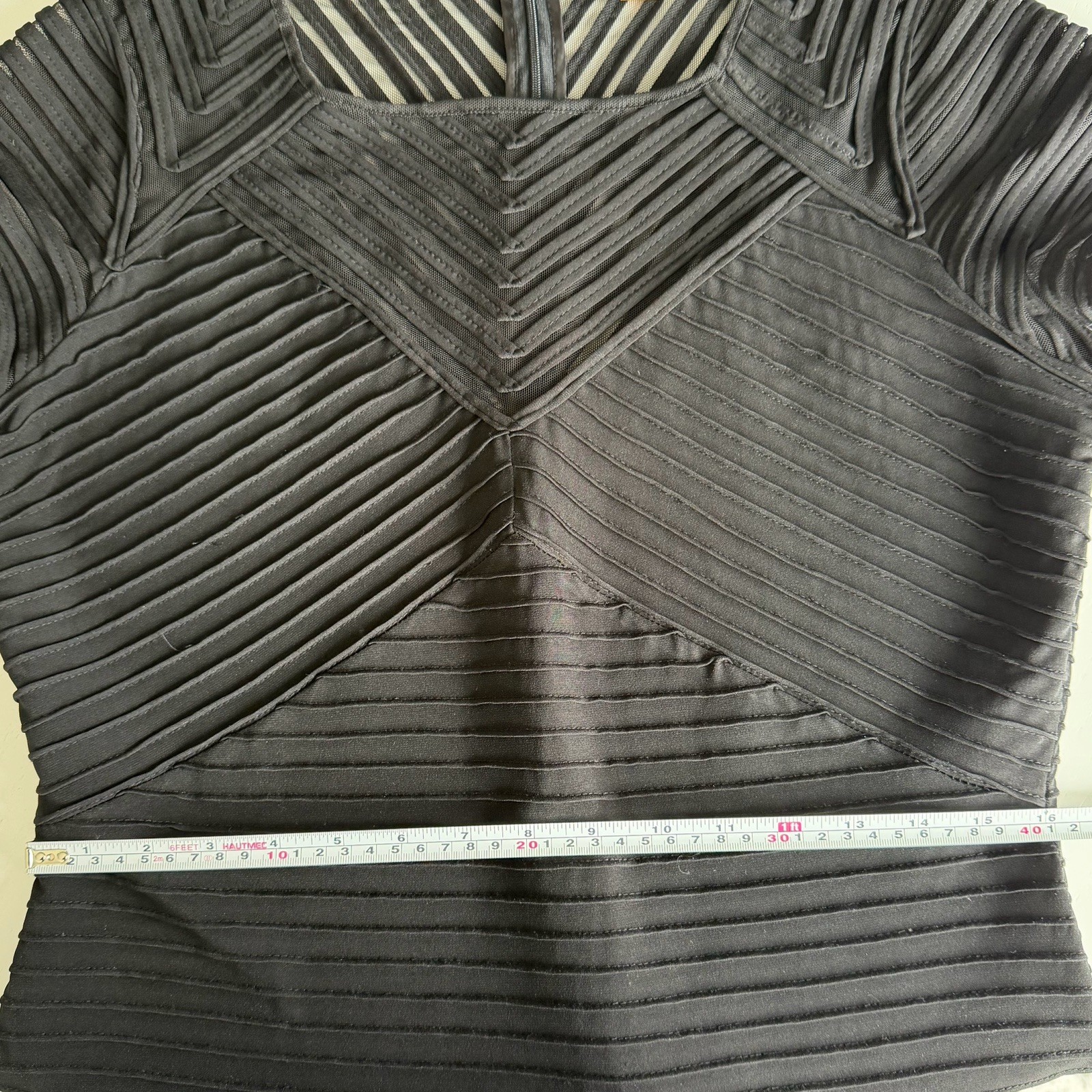 Calvin Klein Black Bodycon Dress Sheath Pleated Mesh Cap Sleeve Size 14 LBD