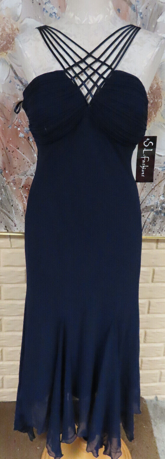 NWT S.L.FASHIONS NAVY SZ 10 DRESS STRAPPY SHOULDERS & FRONT HANKERCHIEF BOTTOM