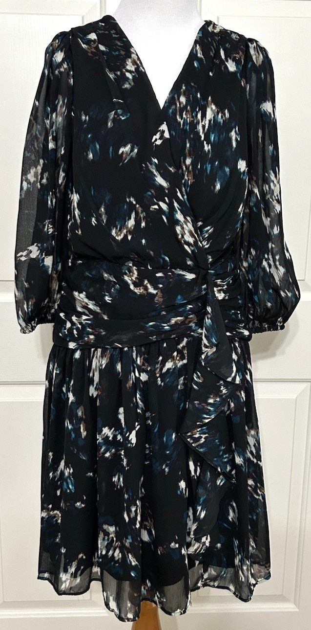 NWT DKNY size 4 black beige blue floral long sleeve fit & flare dress