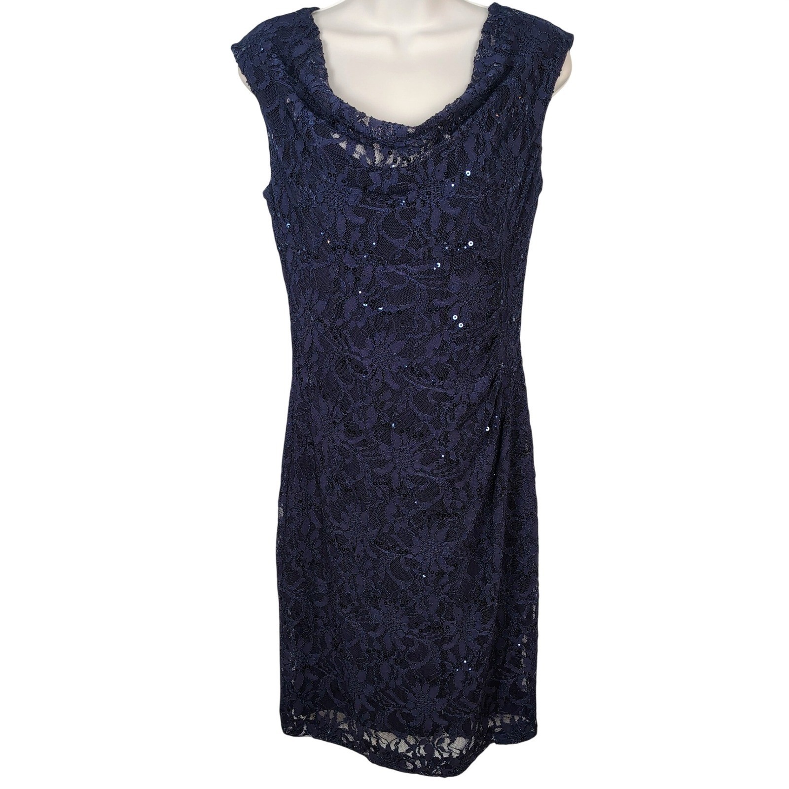 Lauren Ralph Lauren Navy Blue Sequin Floral Lace Cowl Neck Dress Womens 8 party