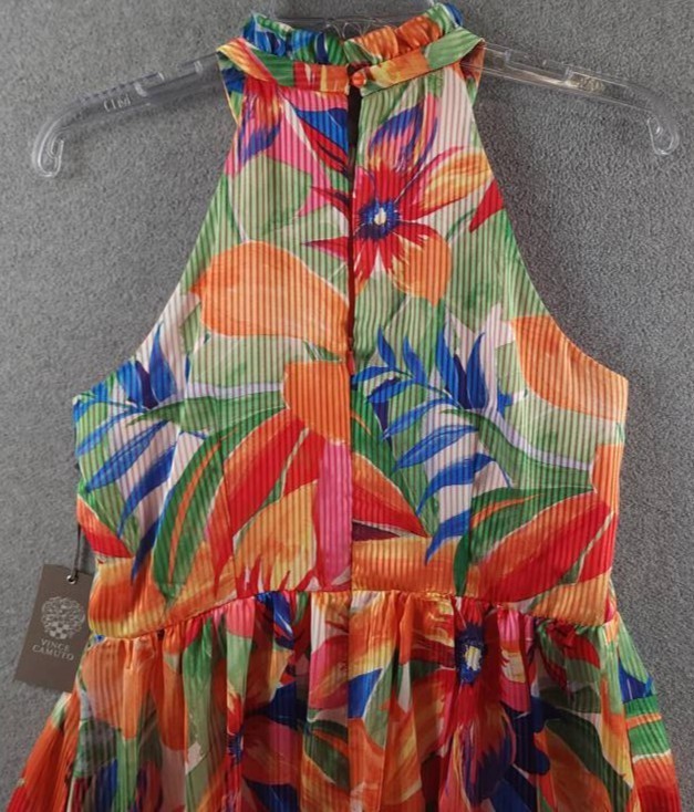 Vince Camuto Floral Print Ruffle Halter Dress Women’s 6 Multi Back Zip Closure