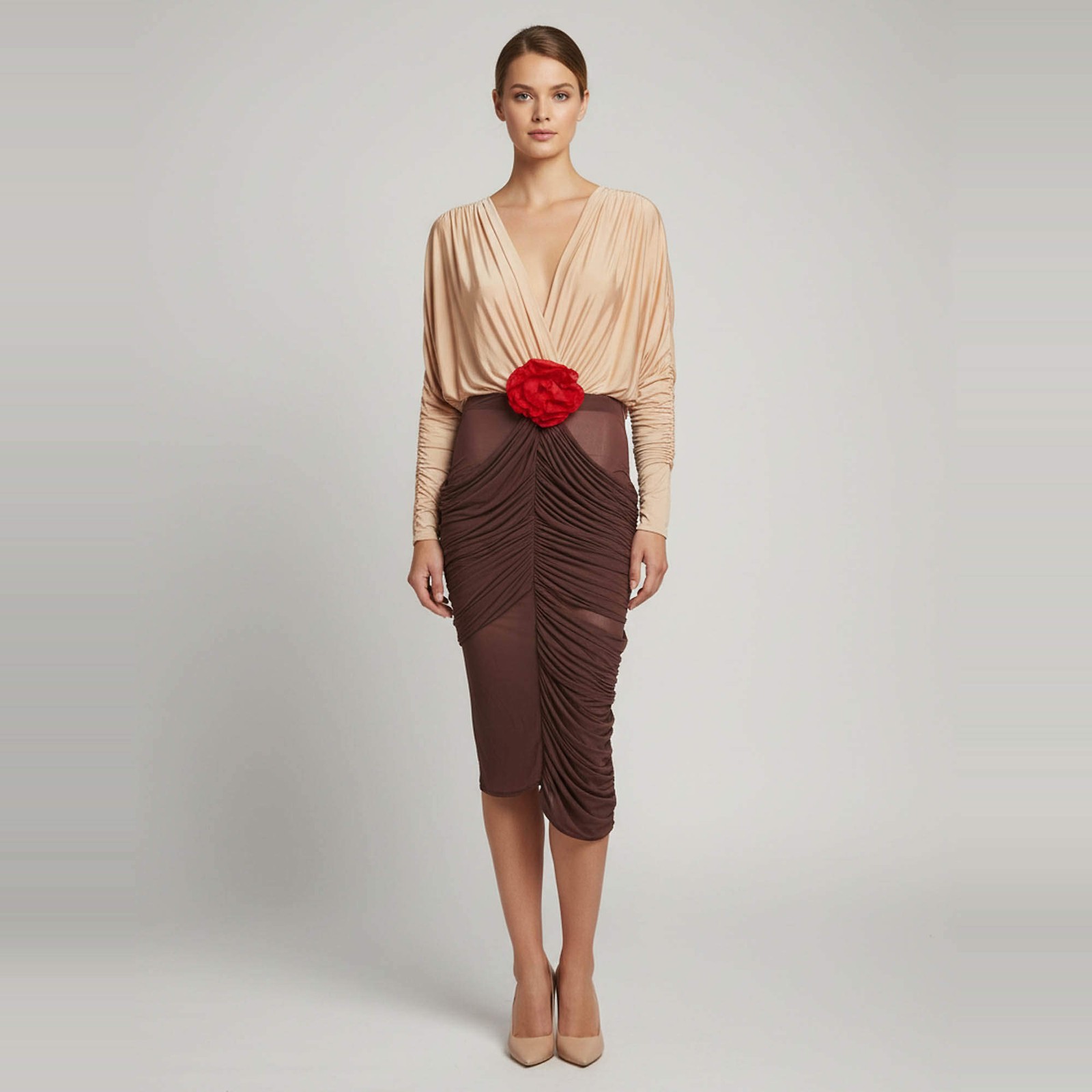 Magda Butrym BeigeBrown Jersey Ruched Plunge Neck Midi Dress S